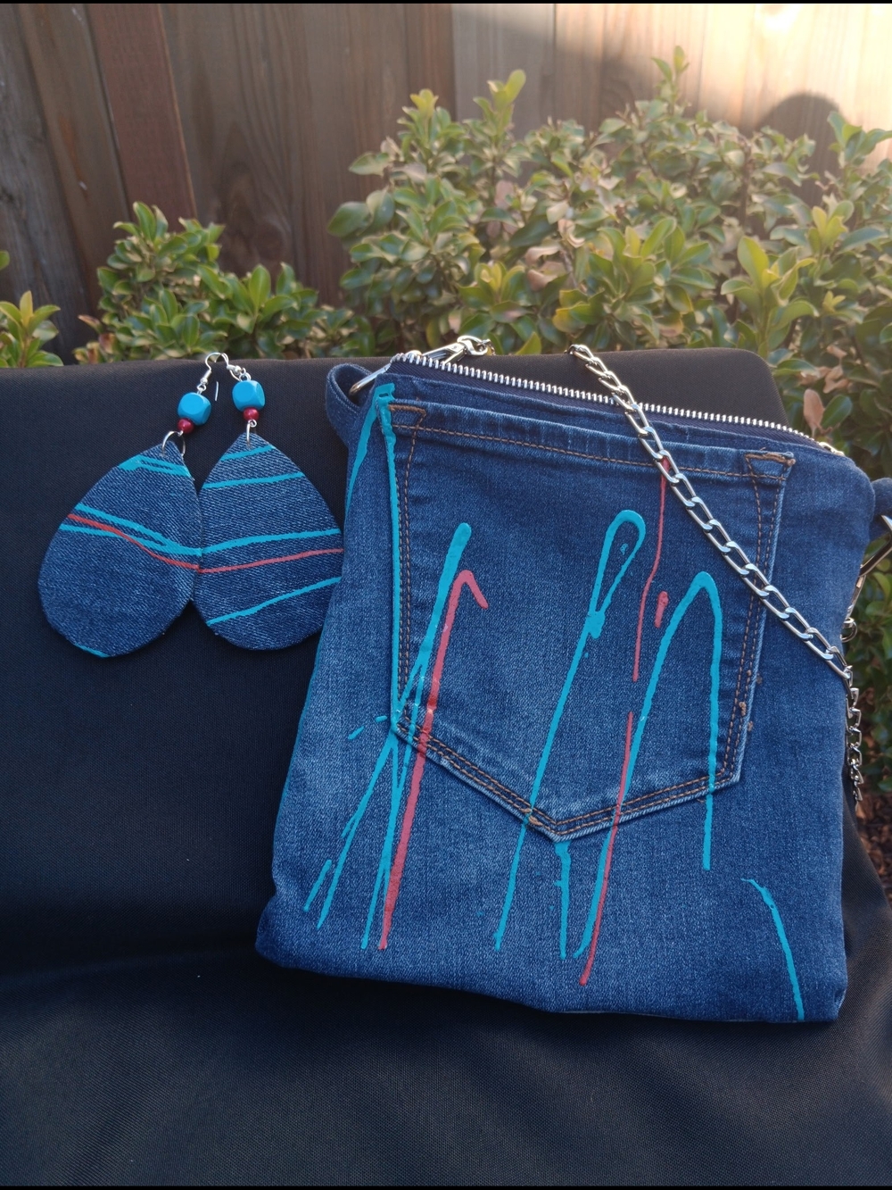 Cross Body Hand Made Jean Purse With Matching Earrings